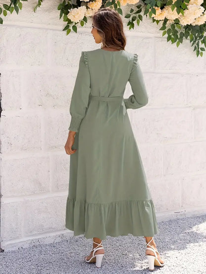 Crew Neck Smocked Cuff Tie-Waist Ruffle Hem Maxi Dress