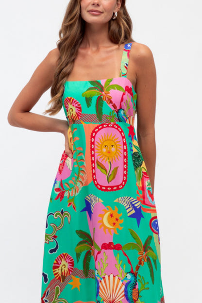 Unique Print Square Neck Spaghetti Strap Back Pleated Casual Maxi Dress