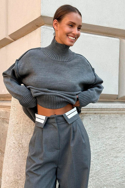 Color Block High Neck Knit Sweater