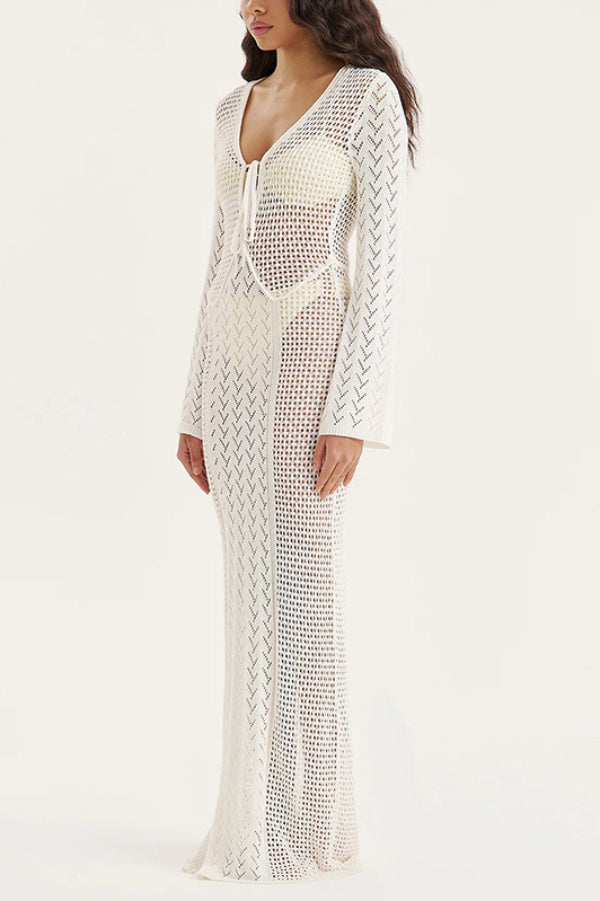 Solid Color Hollowed-out Long-sleeved V-neck Slim-fit Cover-up Maxi Dress