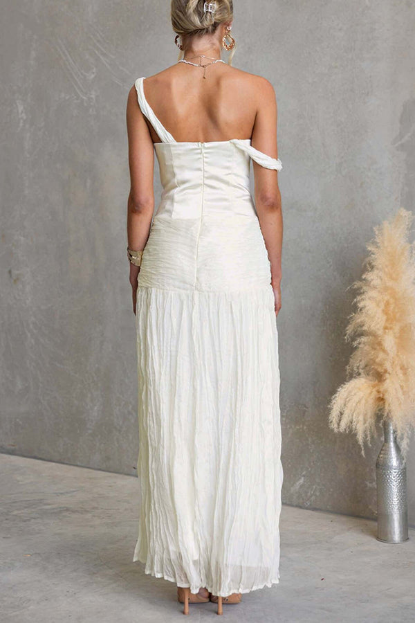 Zariyah Satin Bodice Asymmetric Neck Tie-up Waist Chiffon Hem Maxi Dress
