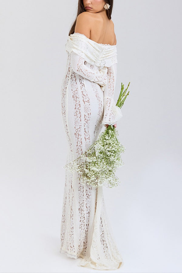Floral Lace Off Shoulder Bell Sleeve Mermaid Maxi Dress