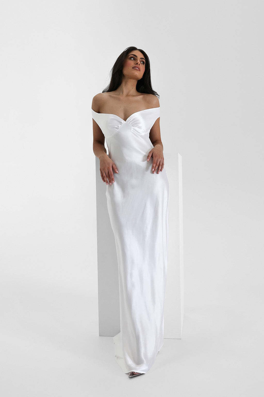 | Satin Mermaid Off Shoulder Maxi Dress