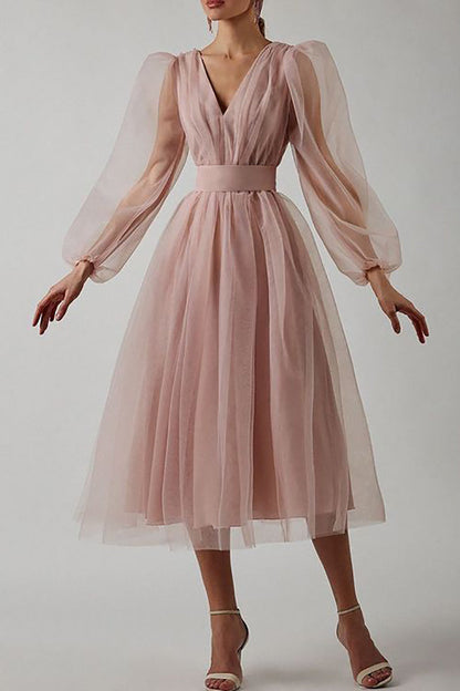 Tulle Deep V-Neck Lantern Sleeve Pleated Belted Midi Dress