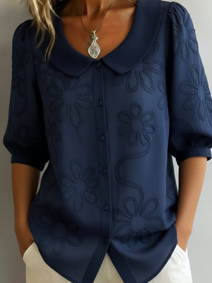 Women's Floral Embroidered Peter Pan Collar Blouse – Lightweight Vintage Top