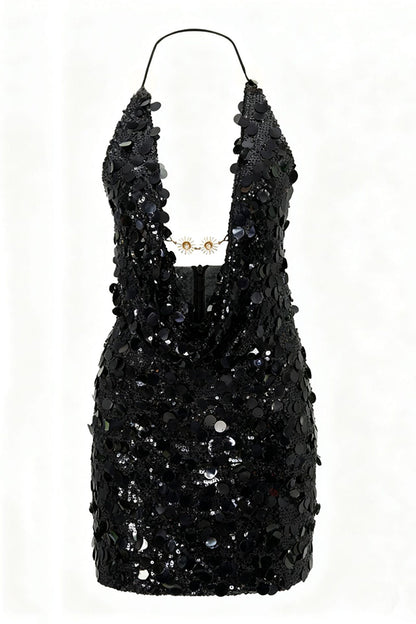 Sexy Halter Neck Sequined Open Back Mini Dress