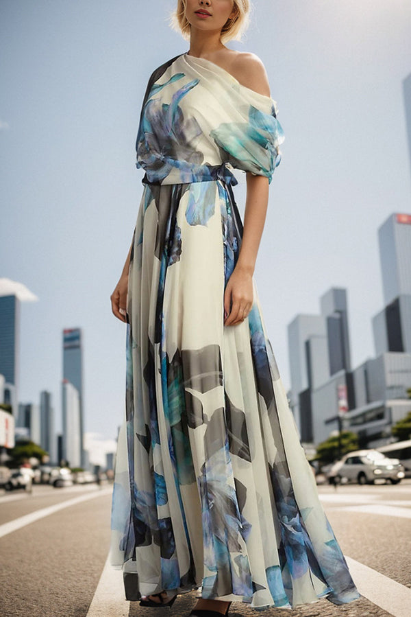 Floral Print One Shoulder Draped Sleeve Belted Pleated Maxi Dress