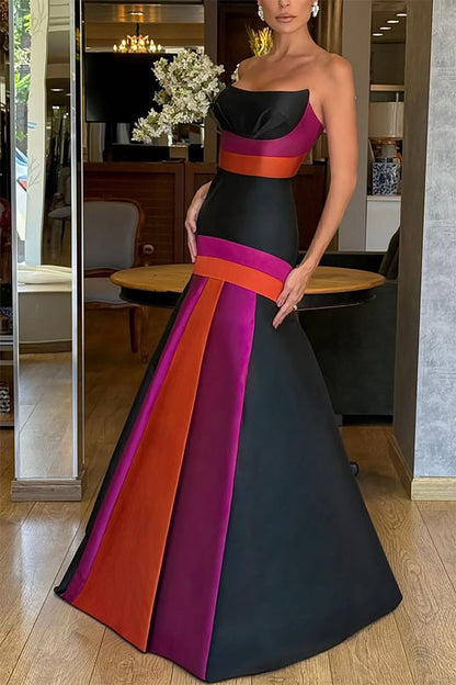 Reina Satin Color-block Strapless Fishtail Flared Hem Porm Maxi Dress