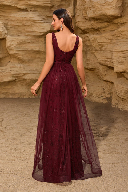 Classic Burgundy Sequin Mesh V Neck U Back Prom Dress