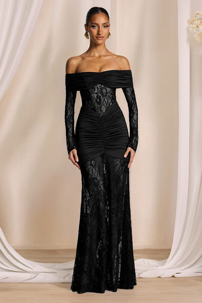 Lace Off Shoulder Ruched Bodice Floral Lace Long Sleeve Mermaid Gown