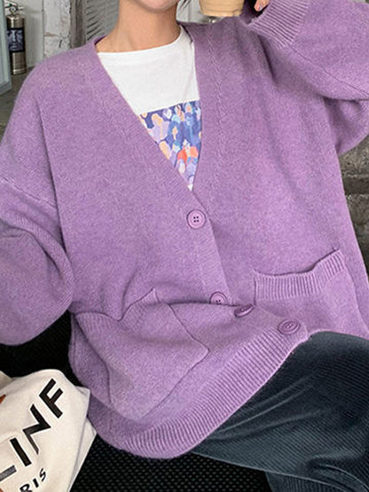 Solid V Neck Breasted Knit Cardigan