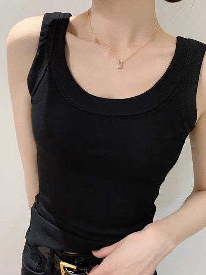 Solid Ribbed U Neck Tank Top