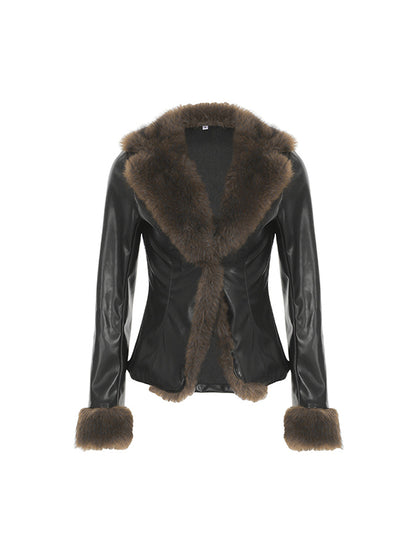 American Style Fur Collar Patchwork Leather Jacket