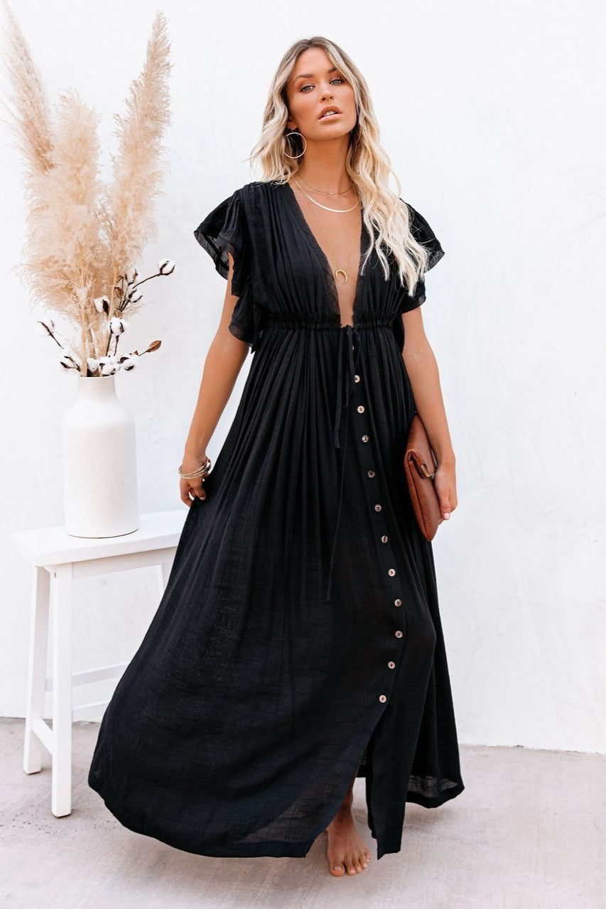 Deep V-Neck Flutter Sleeve Button Front Drawstring Waist Maxi Dress