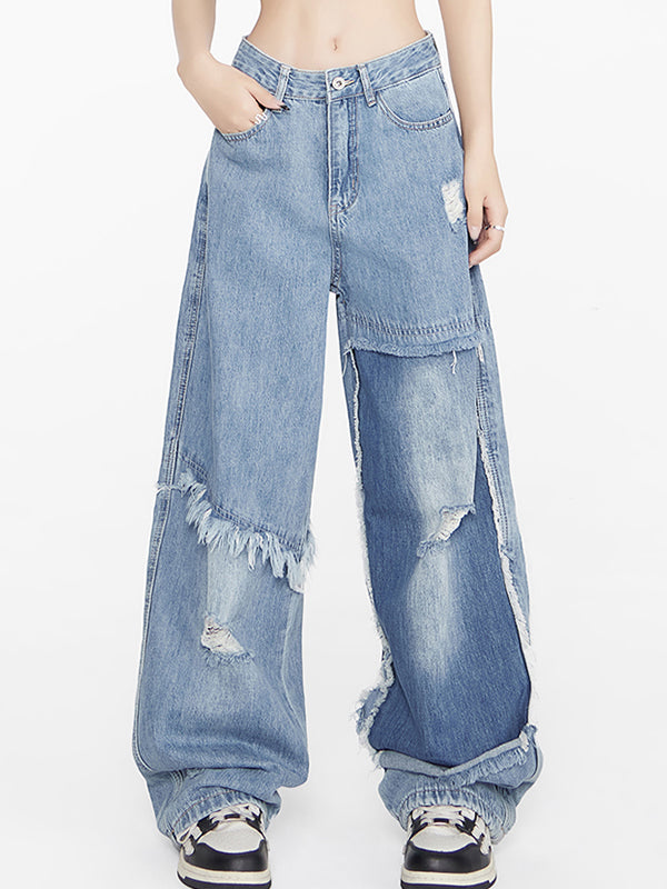 Niche slimming straight wide legs Ripped Jeans
