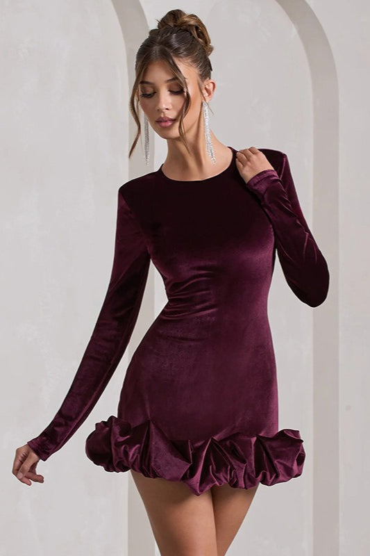 Crew Neck Long Sleeve Velvet Bubble Ruffle Hem Mini Dress