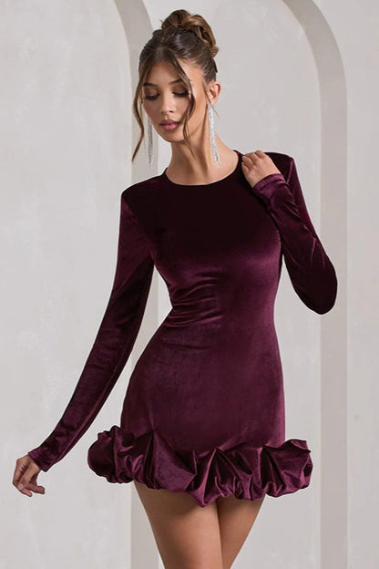 Crew Neck Long Sleeve Velvet Bubble Ruffle Hem Mini Dress