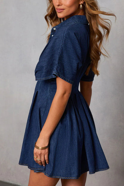 Stylish Collared Short-sleeved Fitted Waist Button-down Casual Mini Dress