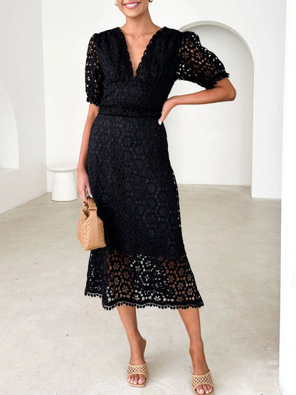 Floral Eyelet Lace V-Neck Puff Sleeve Fitted Waist Scalloped Hem Midi Dress