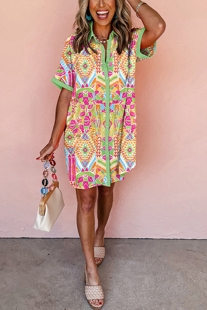 Unique Print Lapel Short Sleeve Single Breasted Loose Mini Dress