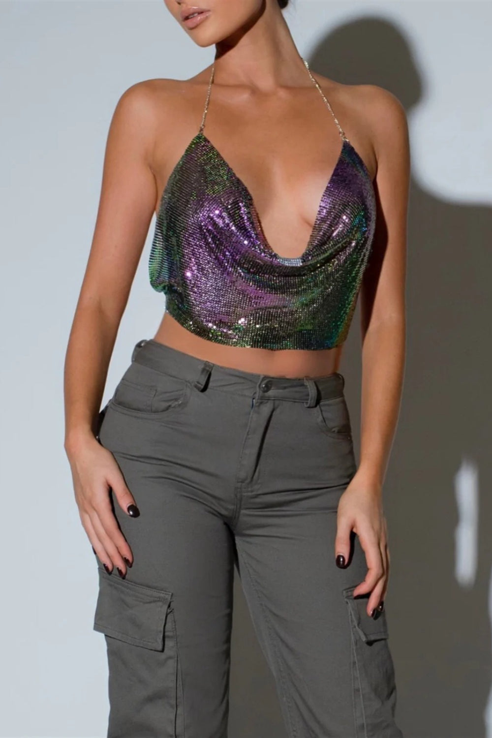 Sequin Halter Backless Crop Top