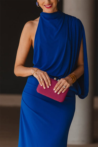 Royal Blue High Neck Asymmetrical Cutout Sleeve Drape Maxi Dress