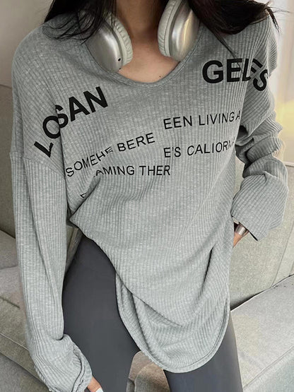Letter Print U Neck Irregular Slit Long Sleeve Knit