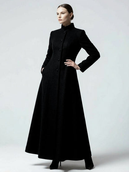 Maxi Wool Blend A-Line Coat with Stand Collar For Women 2026