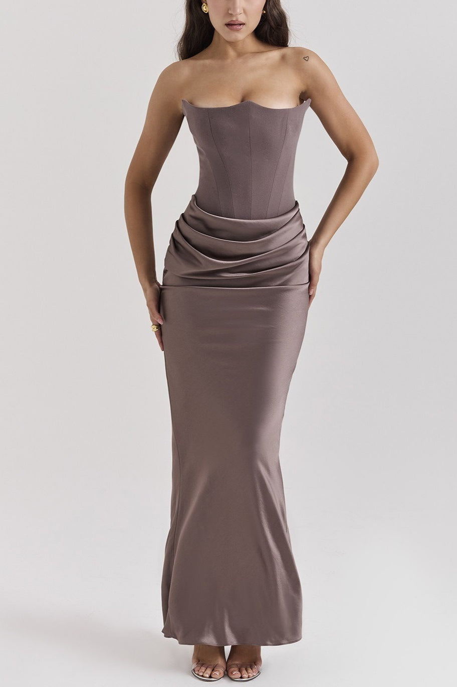 Strapless Corset Bodice Draped Hip Ruched Column Maxi Dress