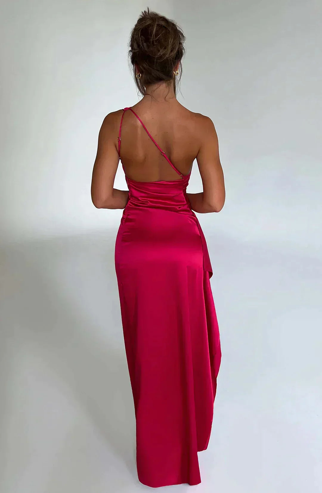 One-Shoulder Ruched Satin High Slit Ruffle Trim Maxi Gown