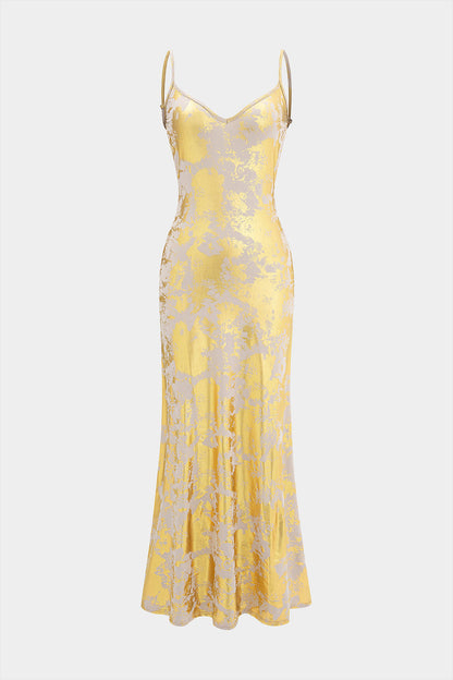 Metallic V-Neck Backless Slip Sleeveless Maxi Dress