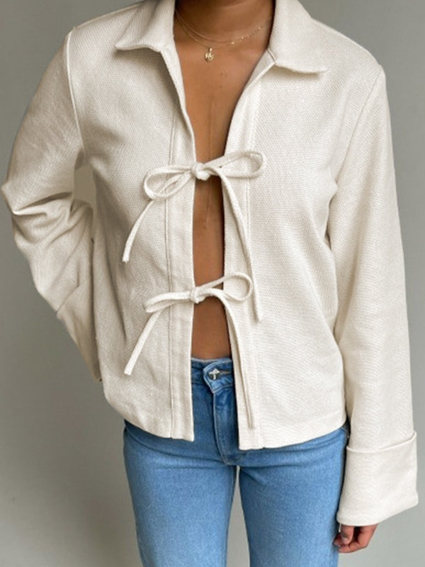 Solid Color Lace Up Cardigan Long Sleeve Blouse