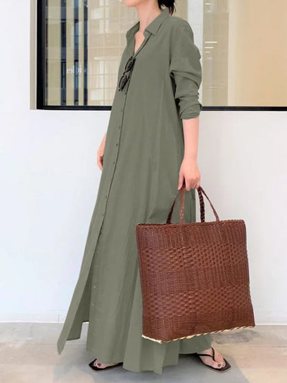 Oversized Button-Front Collared Long Sleeve Pocket Shirt Maxi Dress