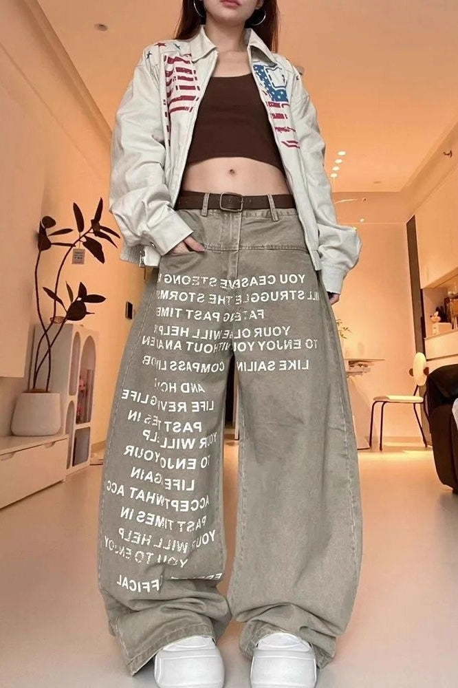 Vintage Letter Printed Curved Leg Slouchy Jeans