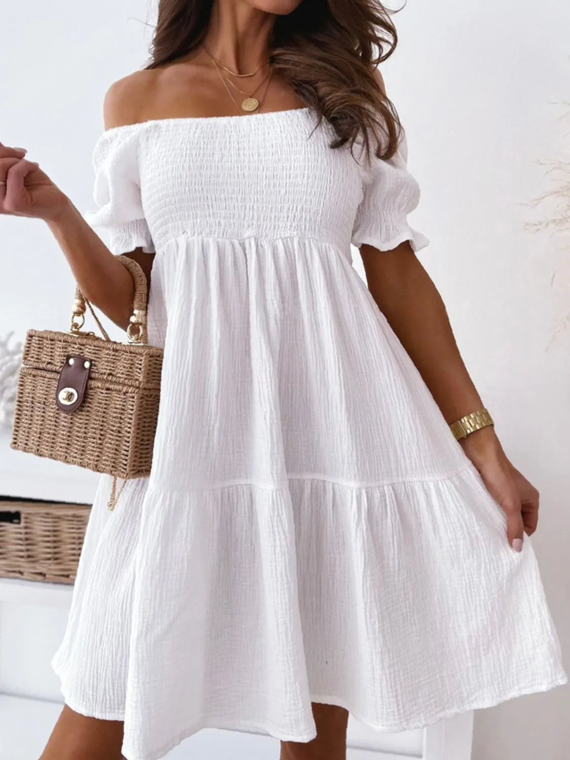 Smocked Off Shoulder Puff Sleeve Tiered Ruffle Hem Babydoll Mini Dress
