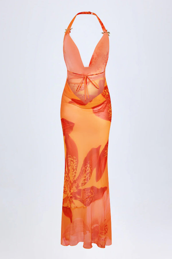 Unique Print Halter Neck Backless Sexy Slit Holiday Maxi Dress