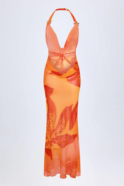 Unique Print Halter Neck Backless Sexy Slit Holiday Maxi Dress