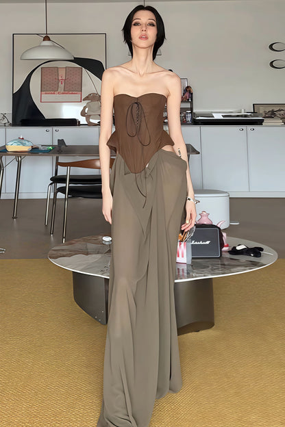 | Strapless High Waist Color Block Maxi Dress