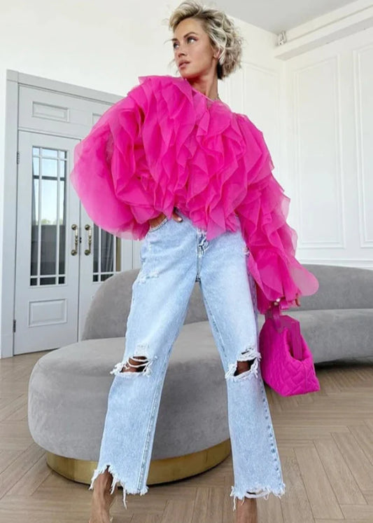 Flare Statement Top – Sheer Ruffled Organza Drama