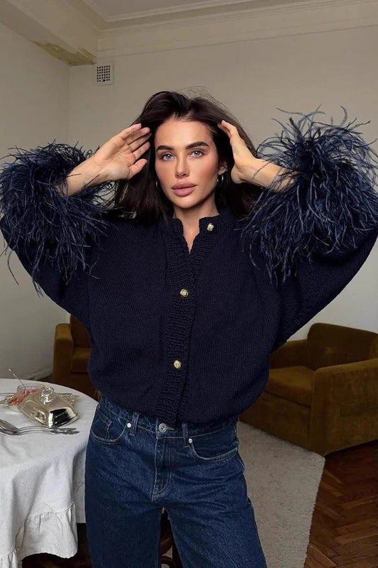 Elegant Button Solid Feather Paneled Sweater