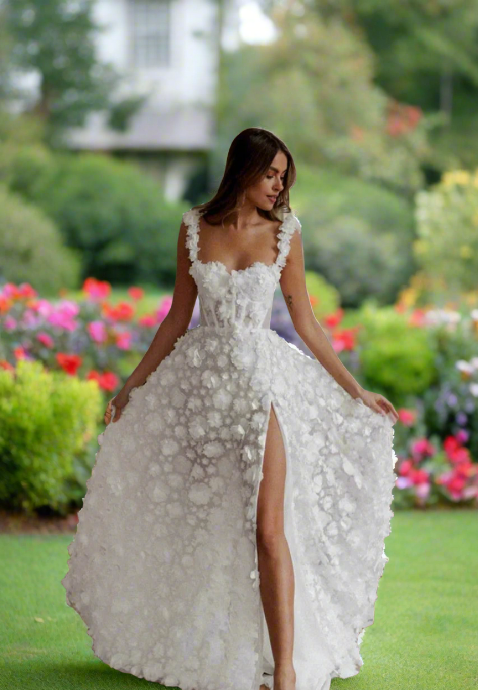 3D Flower Lace-up Back Side High Split Evening Dress