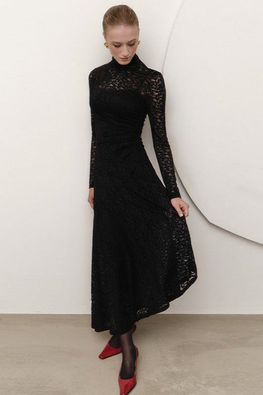 Floral Lace Mock Neck Long Sleeve Ruched Bodycon Maxi Dress