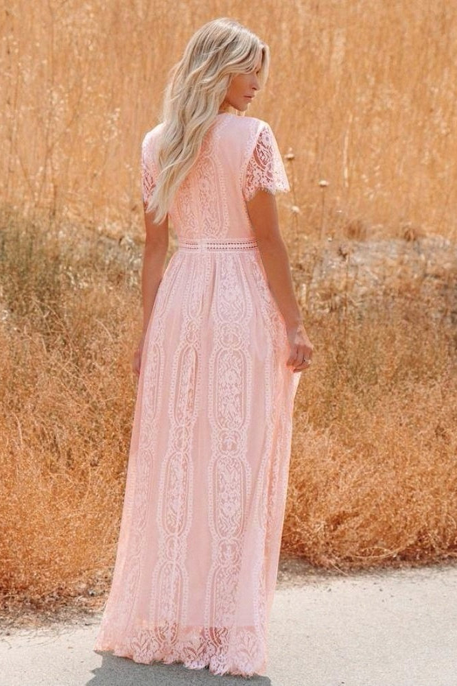 V-Neck Flutter Sleeve Ladder-Trim Lace Boho Maxi Dress