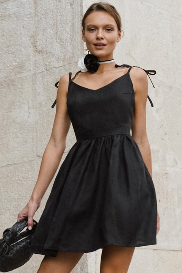Tie Shoulder Spaghetti Strap V Neck Pleated Linen Blend Flare Mini Dress