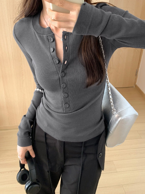 Solid Breasted Slim Long Sleeve Knit