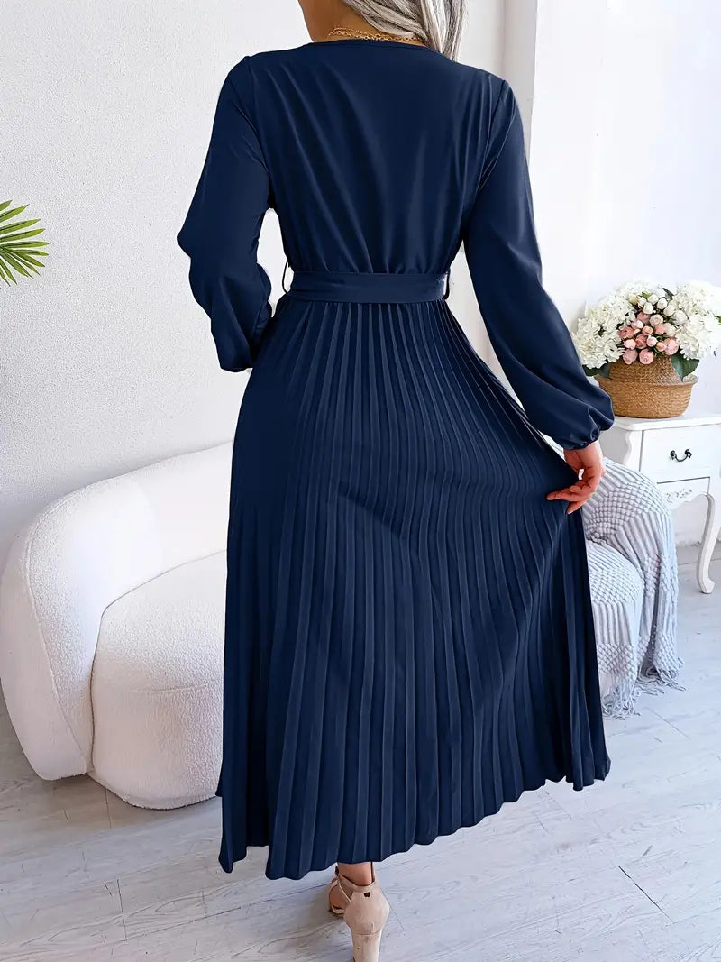 Bishop Sleeve Accordion-Pleated Wrap V-Neck Belted Maxi Dress