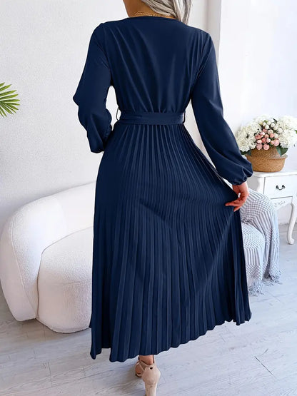 Bishop Sleeve Accordion-Pleated Wrap V-Neck Belted Maxi Dress