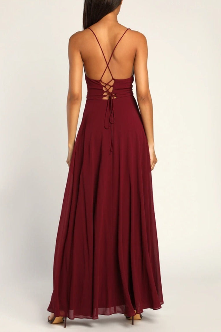 Cowl Neck Spaghetti Strap High Slit A-Line Chiffon Maxi Gown