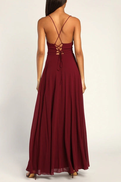 Cowl Neck Spaghetti Strap High Slit A-Line Chiffon Maxi Gown