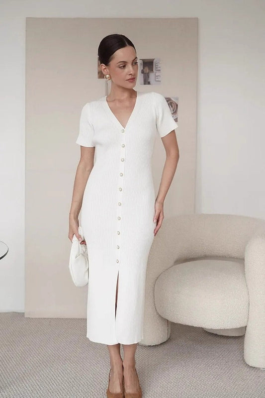 Waist Cinched V Neck Single Breasted Short Sleeve Knit Maxi Sweater Dress